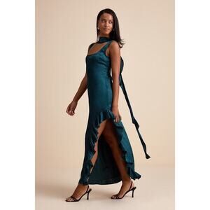 Lulus Adelise Teal Green Satin Ruffled Sash Scarf Maxi Dress - Size S